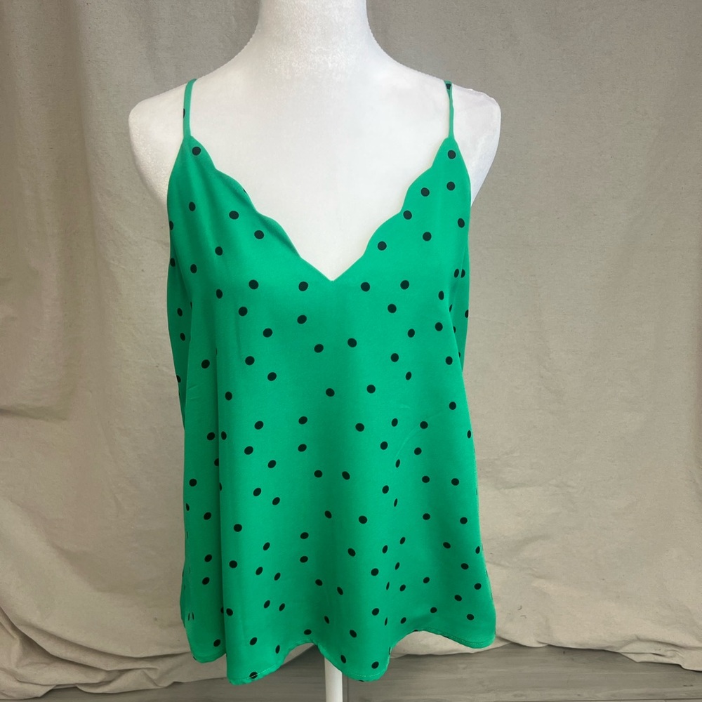 Summer Green Polka Dot Cami Scallop V-Neck‎ Confetti Dot Sz S Summer Feminine
